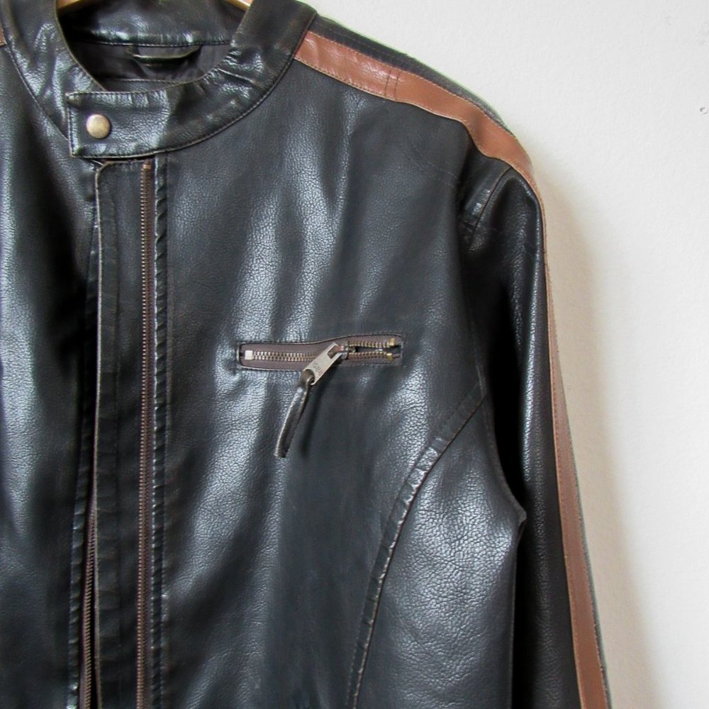 VINTAGE 90s Faux Leather Moto Jacket Sporty Stripes Size Men's M or Womens M/L - Picture 9 of 16